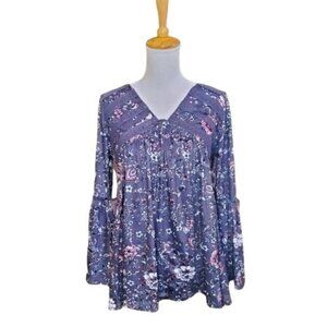 Weekend Suzanne Betro Boho Floral Flowy Bell Sleeve Top Gray Small